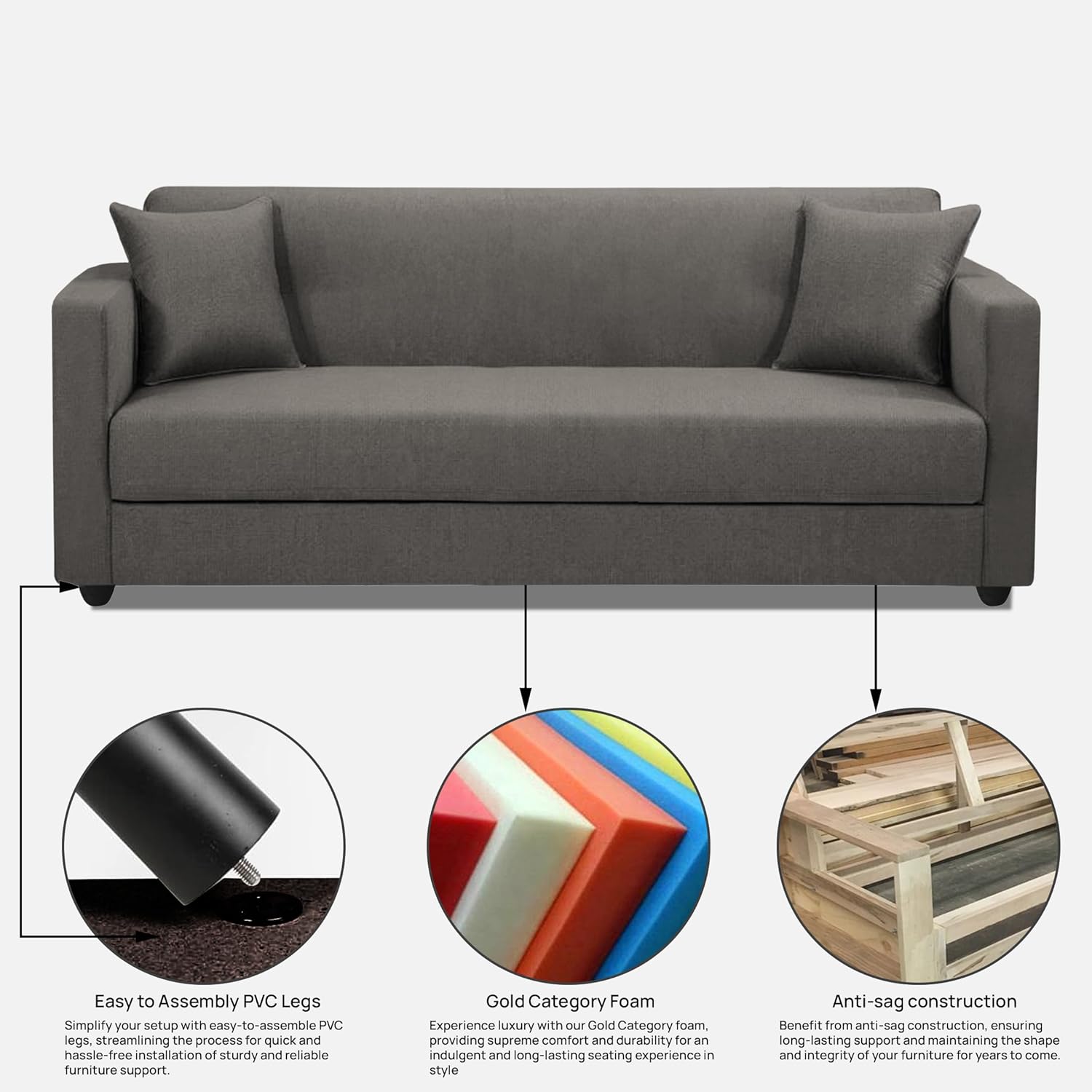 Elma Three Seater Sofa in Fabric- Grey